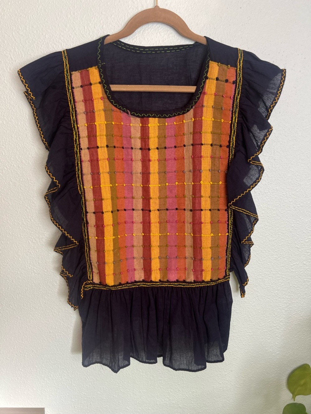 Handmade Mexican Blouse Huipil Style Woven Panel Ruffle Sleeve Boho Top M/L